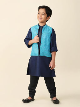 Fabindia - Navy Blue Viscose Silk Hand Block Printed Kurta Set With Jacket (Set of 2)