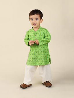 Fabindia - Green Viscose Silk Printed Long Kurta