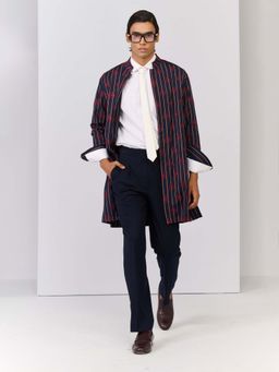 S&N by Shantnu Nikhil - Navy Striped Crested Embroidered Kurta