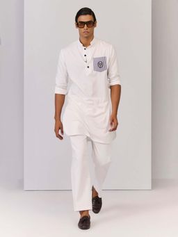 S&N by Shantnu Nikhil - White Bamboo Front Pocket Cotton Kurta