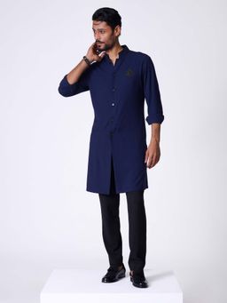 S&N by Shantnu Nikhil - Navy Embroidered Crest Shirt Kurta