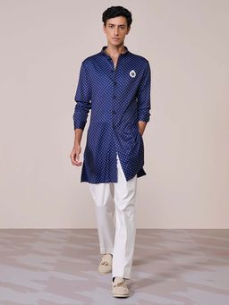 S&N by Shantnu Nikhil - Navy Print Poly Jersey Kurta
