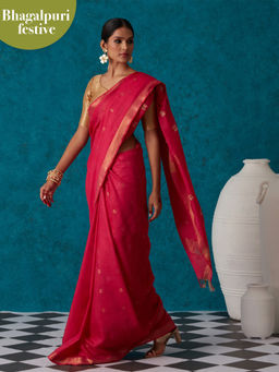 Likha - Pink Bhagalpuri Festive Linen Zari Saree & Unstitched Blouse LIKSAR37 (Free Size)