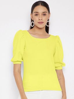 Uptownie - Women Knit Solid Round Neck Top - Yellow