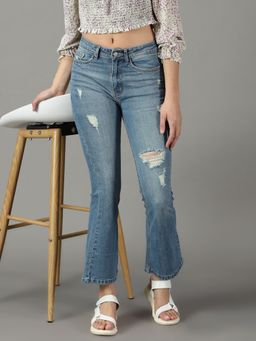 SHOWOFFFF - Women's Stretchable Mildly Distressed Blue Bootcut Jeans