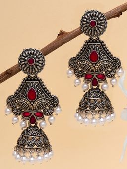 Karatcart - Oxidised Silver Handcrafted Red Long Dangler Jhumki Earrings for Women