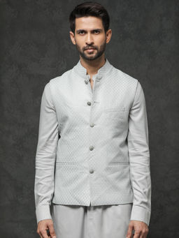 Rare Rabbit - Light Grey Embroidered Regular Fit Bandgala