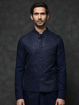 Rare Rabbit - Navy Blue Embroidered Regular Fit Bandgala