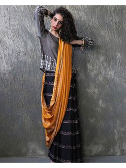 Chidiyaa - Yellow-Black Blockprinted Modal Silk Saree