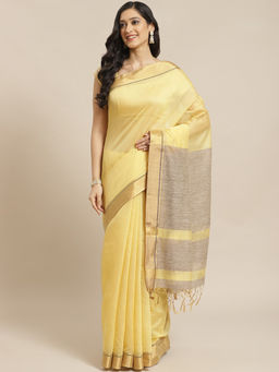 Indethnic - Banarasi Yellow Solid Work Wear Saree With Unstitched Blouse