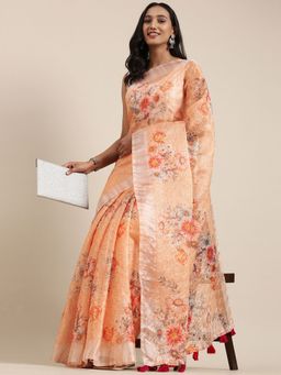 Vastranand - Orange & White Floral Embroidered Organza Saree with Unstitched Blouse