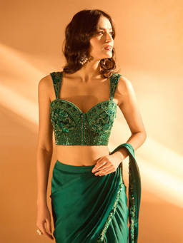 Samyukta Singhania - Embroidered Pre-Draped Green Saree with Stitched Blouse