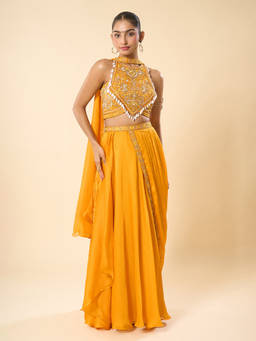 Samyukta Singhania - Yellow Pre-Draped Lehenga Saree with Halter Neck Stitched Blouse