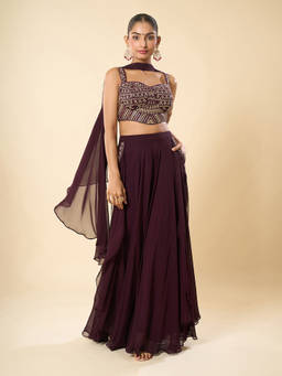 Samyukta Singhania - Hand Embroidered Wine Blouse with Palazzo and Dupatta