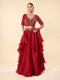 Samyukta Singhania - Embroidered Maroon Lehenga with Blouse and Dupatta