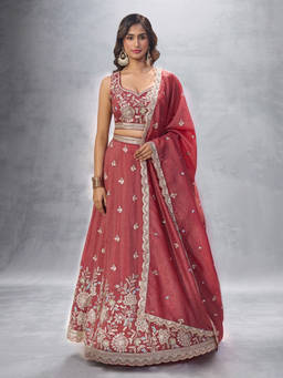 Samyukta Singhania - Floral Embroidered Rose Gold Lehenga with Blouse and Dupatta