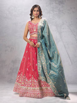 Samyukta Singhania - Buti Embroidered Pink Lehenga with Blouse and Dupatta
