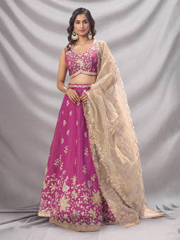Samyukta Singhania - Embroidered Georgette Burgundy Lehenga with Blouse and Dupatta