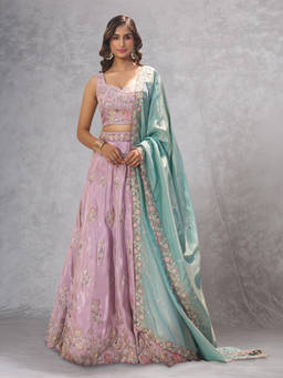 Samyukta Singhania - Embroidered Satin Silk Lavender Lehenga with Blouse and Dupatta