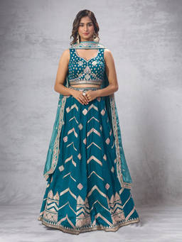 Samyukta Singhania - Embroidered Teal Lehenga with Blouse and Dupatta