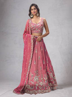 Samyukta Singhania - Embroidered Tissue Pink Lehenga with Blouse and Dupatta