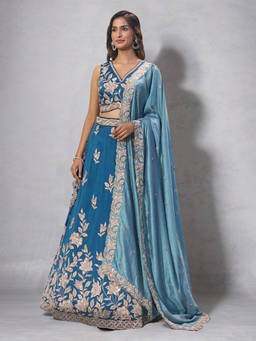 Samyukta Singhania - Embroidered V-Neck Teal Lehenga with Blouse and Dupatta