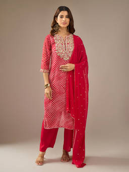 Samyukta Singhania - Leheriya Embroidered Red Kurta with Pant and Dupatta