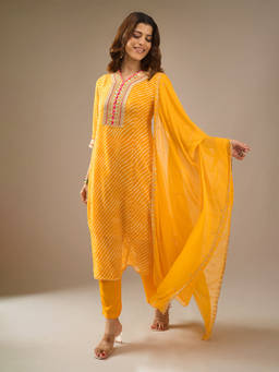 Samyukta Singhania - Leheriya Pattern Yellow Kurta with Pant and Dupatta