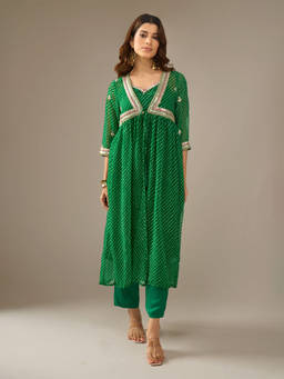 Samyukta Singhania - Mothra Embroidered Green Kurta with Pant and Shrug