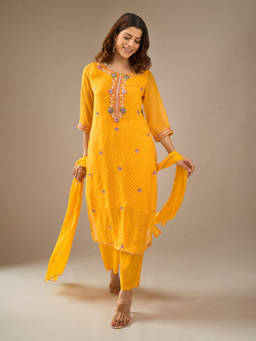 Samyukta Singhania - Mothra Tie-Dye Embroidered Mustard Kurta with Pant and Dupatta