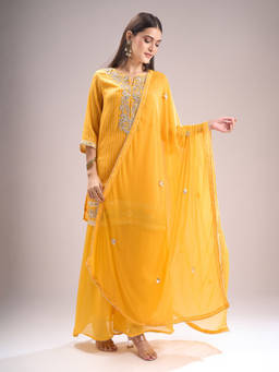 Samyukta Singhania - Printed and Embroidered Yellow Kurta with Sharara and Dupatta