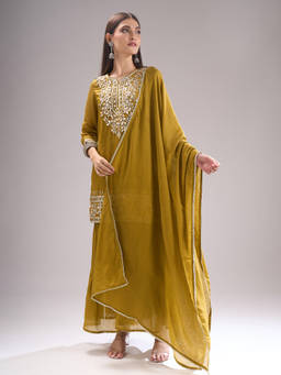 Samyukta Singhania - Gota Patti Leaf Motif Olive Kurta with Sharara and Dupatta
