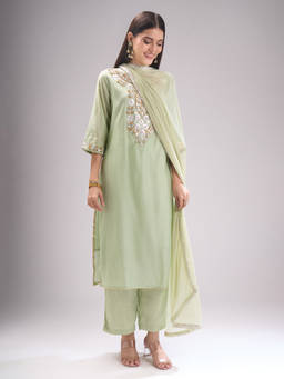 Samyukta Singhania - Chanderi Gota Patti Embroidered Green Kurta with Pant and Dupatta