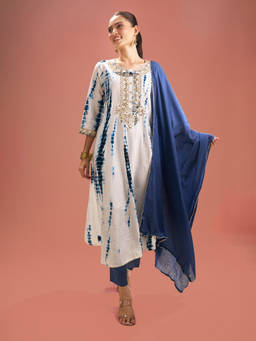 Samyukta Singhania - Shibori Pattern White and Blue Kurta with Pant and Dupatta