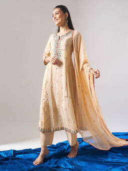 Samyukta Singhania - Shimmer Tissue Embroidered Beige Kurta with Pant and Dupatta