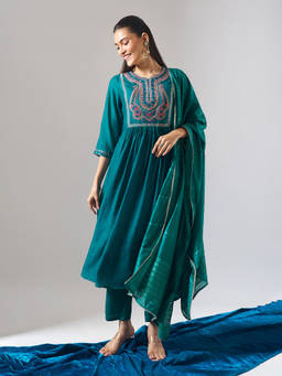 Samyukta Singhania - Mul Chanderi Embroidered Teal Anarkali with Pant and Dupatta