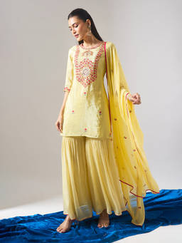 Samyukta Singhania - Thread and Mirror Embroidered Green Kurta with Sharara and Dupatta