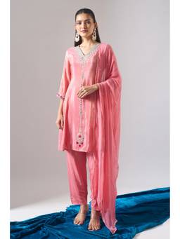 Samyukta Singhania - Thread and Mirror Embroidered Pink Kurta with Pant and Dupatta
