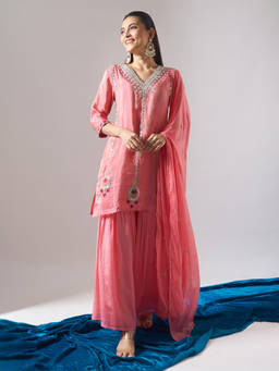 Samyukta Singhania - Embroidered Pink Kurta with Sharara and Dupatta