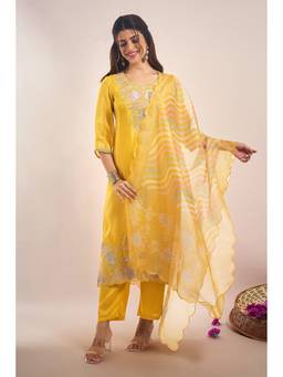 Samyukta Singhania - Shimmer Tissue Floral Embroidered Yellow Kurta with Pant and Dupatta