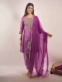Samyukta Singhania - Shimmer Tissue Zari Dori Embroidered Purple Kurta with Churidar and Dupatta