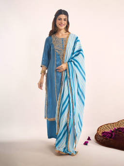 Samyukta Singhania - Zari Dori Embroidered Blue Kurta with Pant and Dupatta