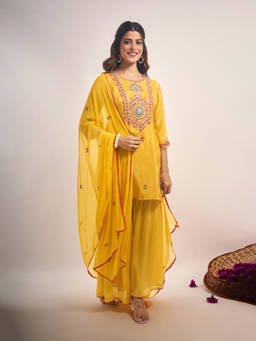 Samyukta Singhania - Thread and Mirror Embroidered Yellow Kurta with Sharara and Dupatta