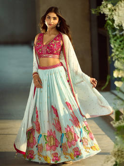 Samyukta Singhania - Floral Pattern Blue Lehenga with Blouse and Dupatta