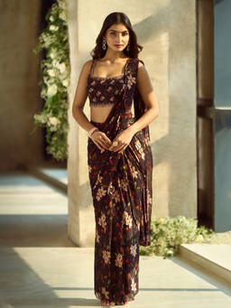 Samyukta Singhania - Floral Pattern Pre-Draped Brown Saree with Stitched Blouse