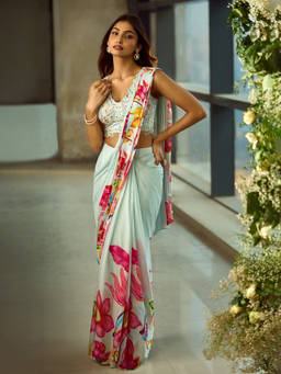 Samyukta Singhania - Floral Pattern Pre-Draped Blue Saree with Stitched Blouse