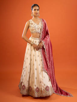 Samyukta Singhania - Sequinned Embroidered Tissue Beige Lehenga with Blouse and Dupatta