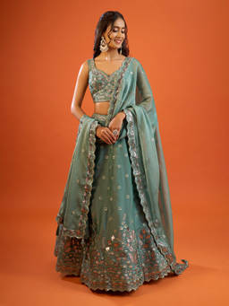 Samyukta Singhania - Sequinned Thread Embroidery Organza Green Lehenga with Blouse and Dupatta