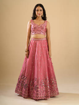 Samyukta Singhania - Sequinned Embroidery Organza Pink Lehenga with Blouse and Dupatta