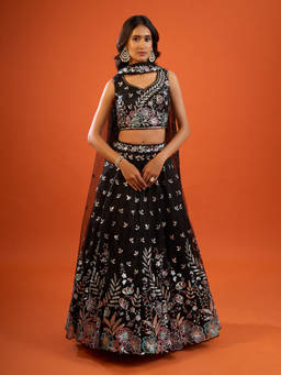 Samyukta Singhania - Sequin Embroidered Net Black Lehenga with Blouse and Dupatta